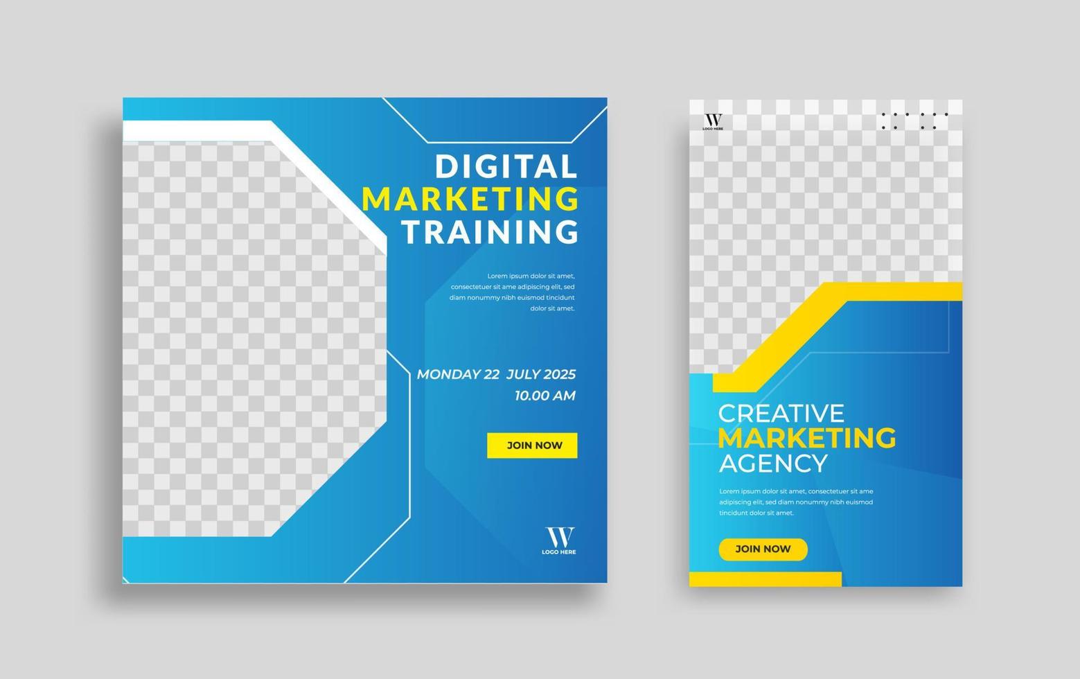 Set of Editable minimal square banner template. Blue yellow white background color with geometric shapes for social media post and web internet ads. Vector illustration