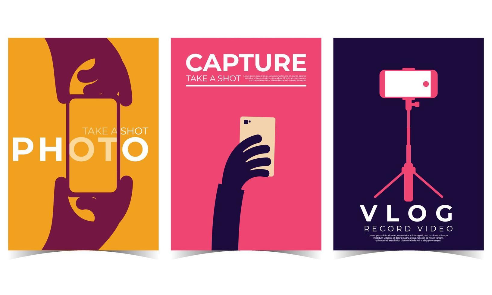 Take Photo Vlog Capture with Smartphone. Set of 3 simple Background Vector Illustration Flat Style. Suitable for poster, cover, brochure, banner, or flyer