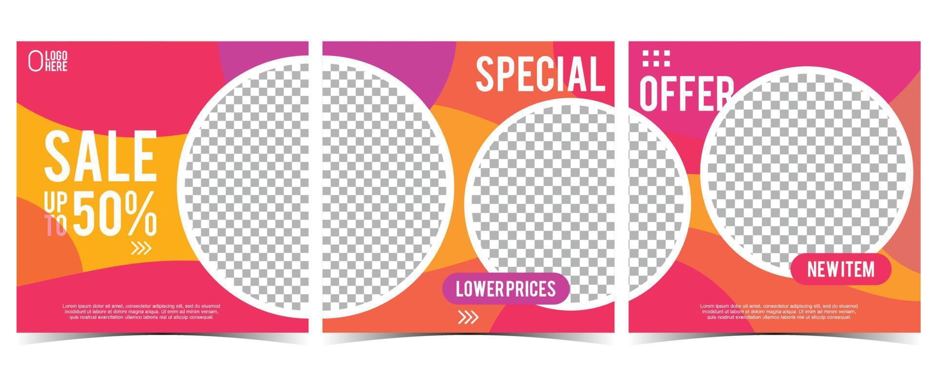 Modern Curve Dynamic Sale Social Media Carousel Background. Set of 3 Simple Square Vector Flat Style