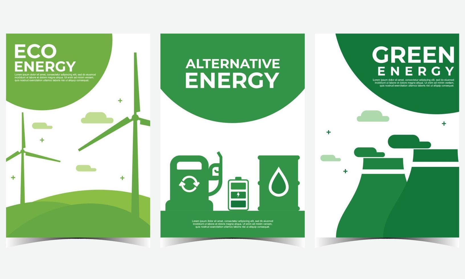 eco verde naturaleza energía alternativa. conjunto de 3 estilo plano de ilustración de vector de fondo simple. adecuado para afiches, portadas, folletos, pancartas o volantes