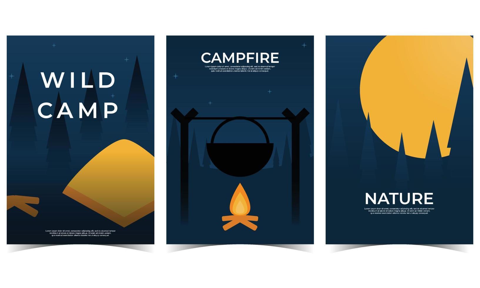 Wild Campfire Nature. Set of 3 simple Background Vector Illustration Flat Style. Suitable for poster, cover, web, banner, or flyer