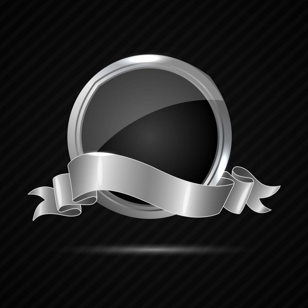 Shiny silver badge with blank sign and ribbon vector