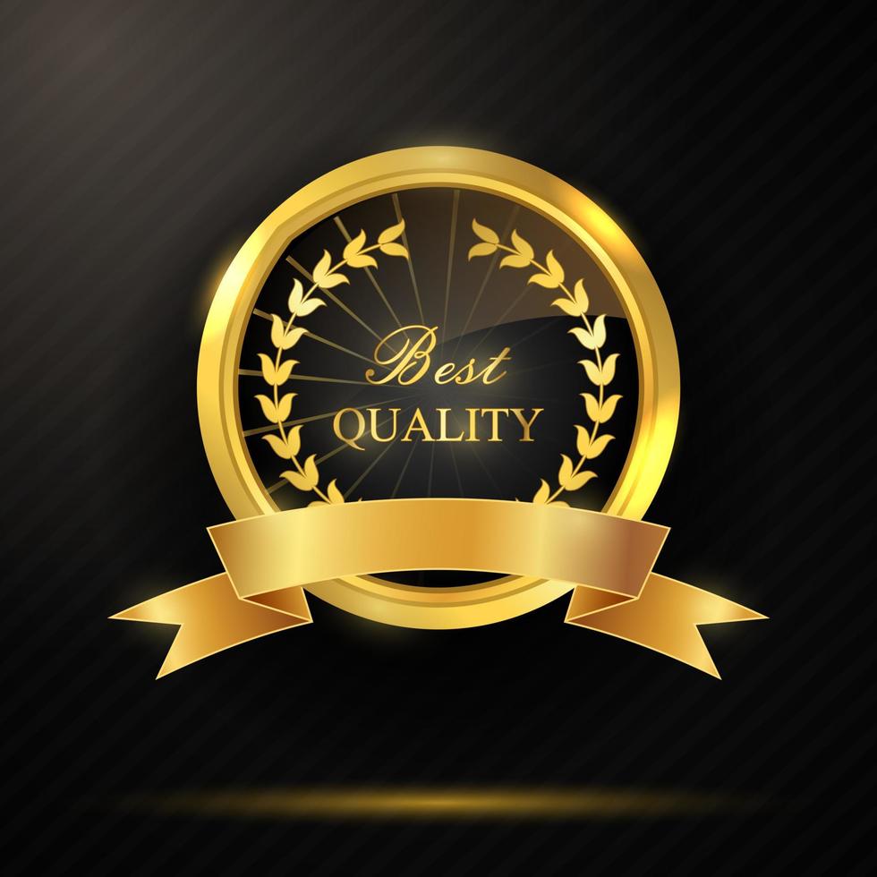 Round golden best quality badge with ribbon vector