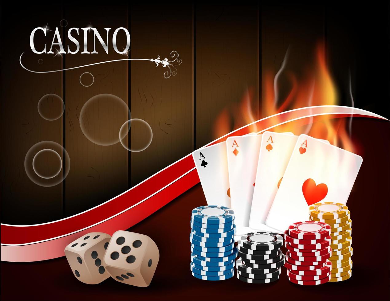 Poker casino gambling set with dice, cards, and chips on wood background vector