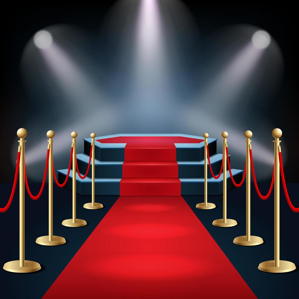 Vector illustration of Podium with red carpet and barrier rope in glow of spotlights