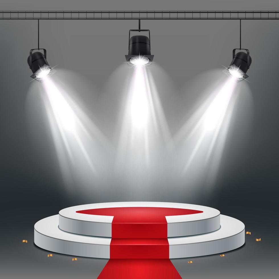 ilustración vectorial del podio blanco y la alfombra roja iluminada por focos vector