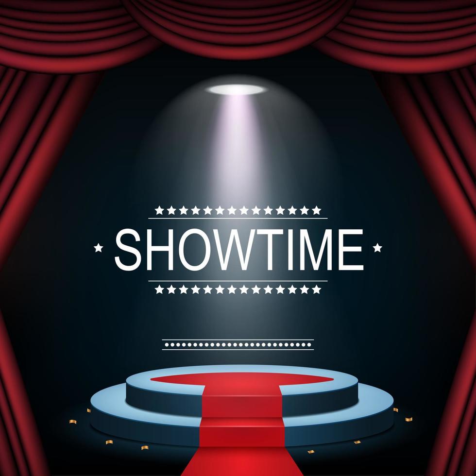 ilustración vectorial de la pancarta showtime con podio y cortina iluminada por focos vector