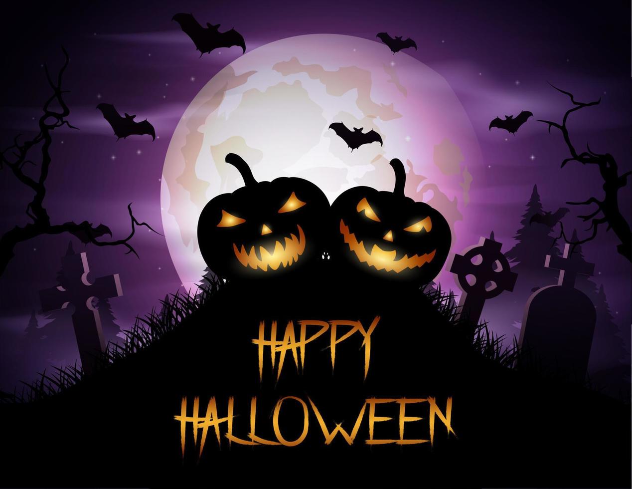 Halloween background with pumpkins on graveyard vector