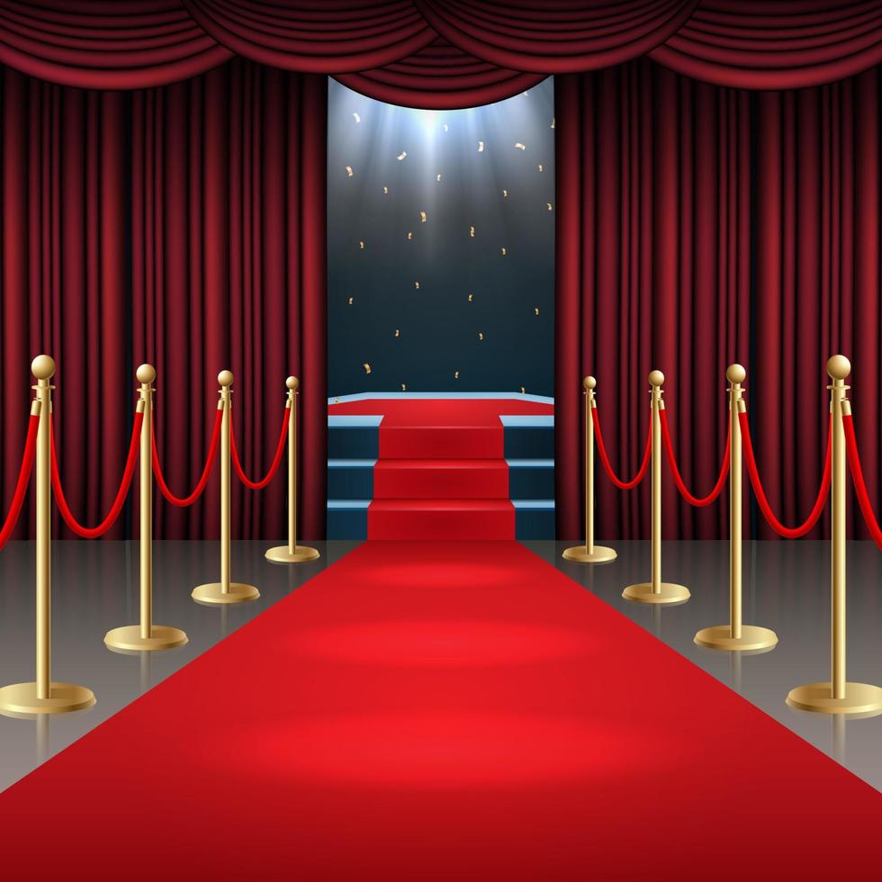 Vector illustration of Podium with red carpet and curtain in glow of spotlights