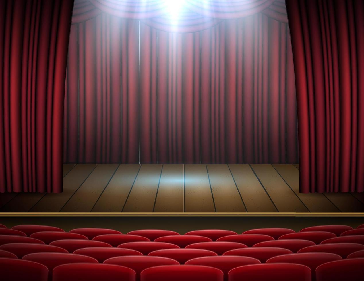 Escenario de cortinas rojas premium, fondo de teatro o ópera con foco vector