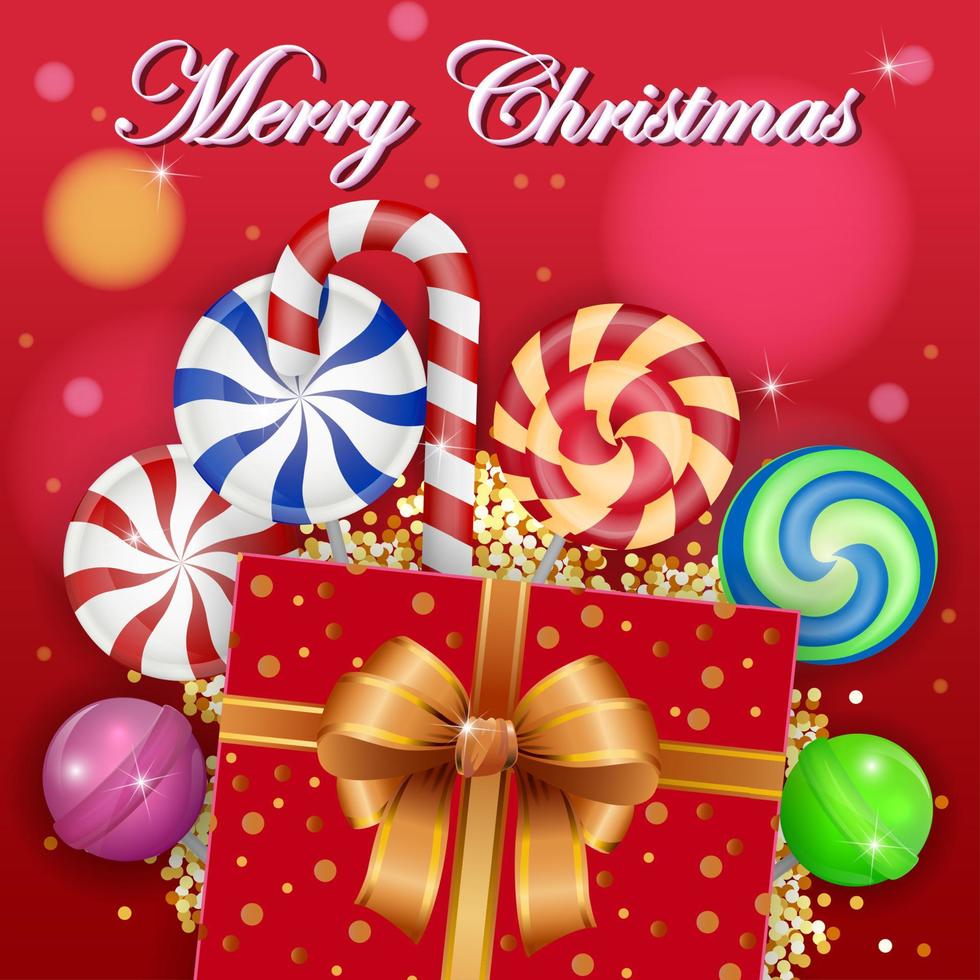 Christmas background with sweet candies and gift box vector