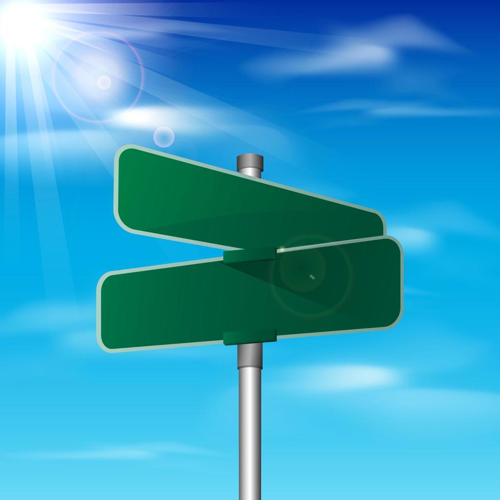 Blank green traffic road sign on sky background vector