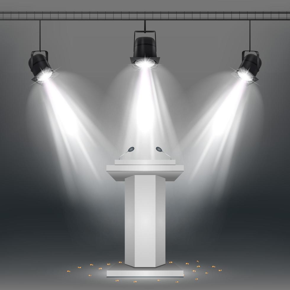 Vector illustration of White podium illuminated by spotlights