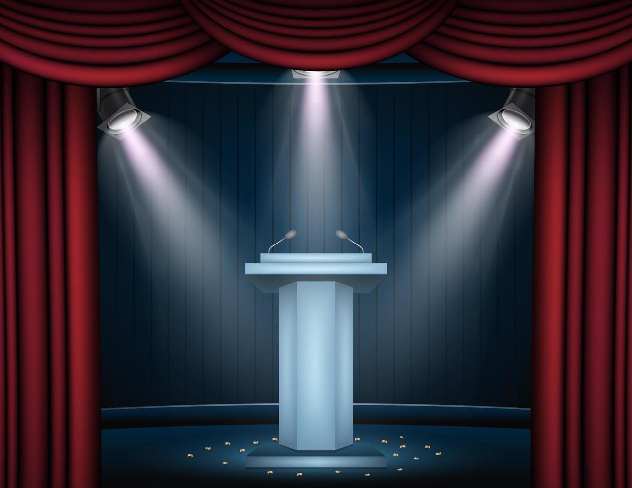 Vector illustration of Showtime banner with podium and curtain illuminated by spotlights