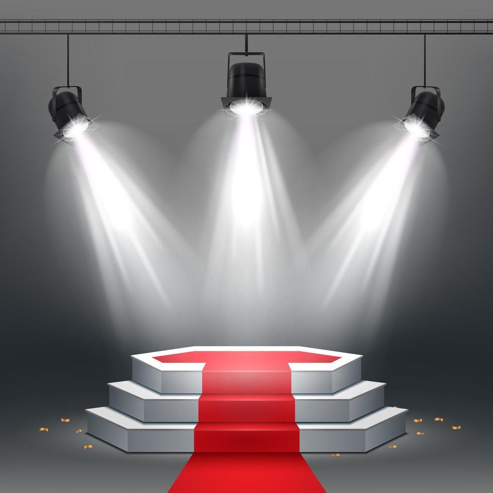 Vector illustration of White podium and red carpet illuminated by spotlights