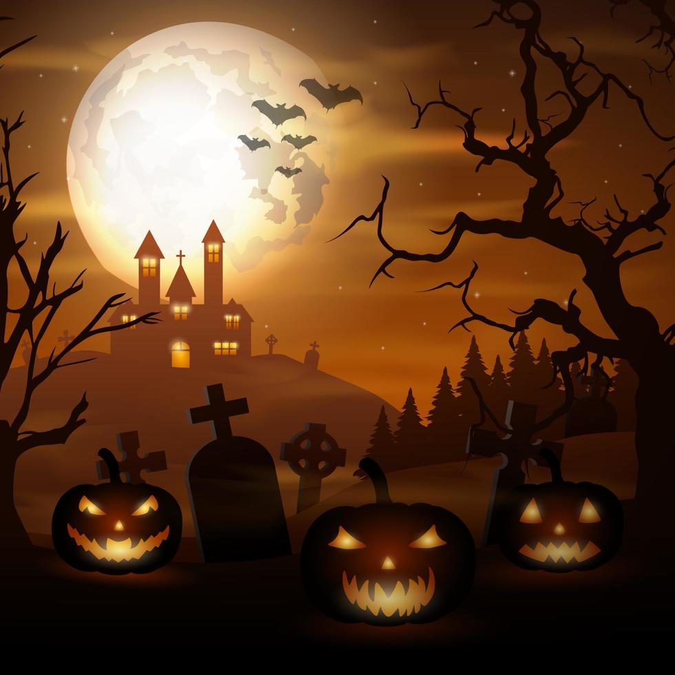 fondo de halloween con calabazas e iglesia aterradora en el cementerio vector