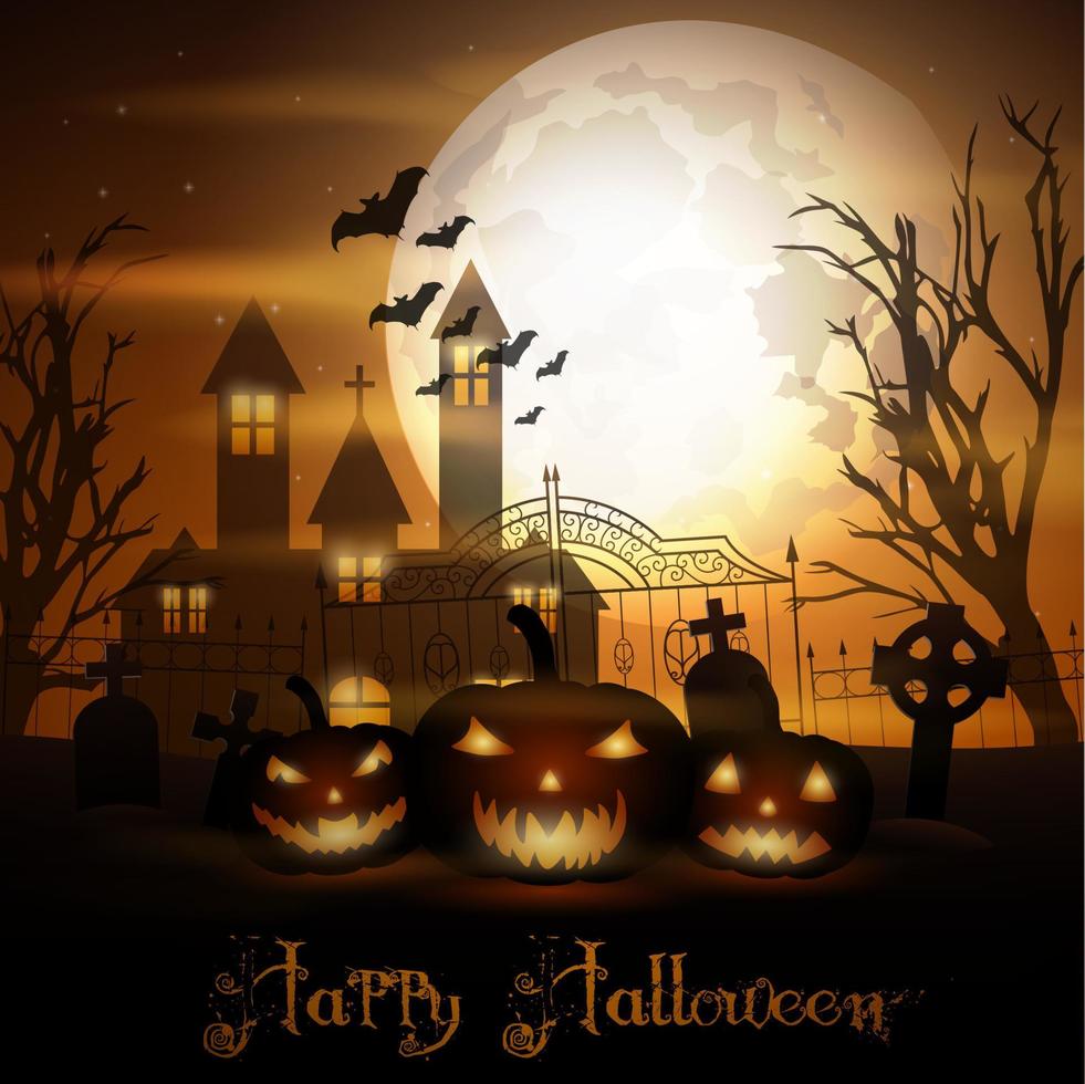 Halloween background with pumpkins and scary church on graveyard vector