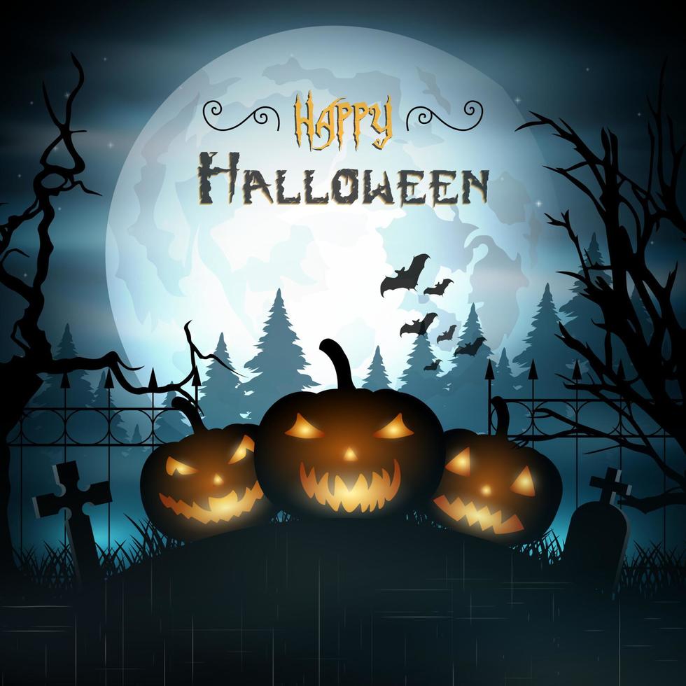 Halloween background with pumpkins on graveyard vector