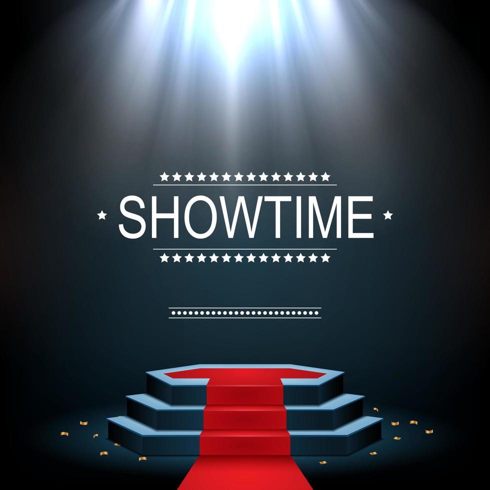 Vector illustration of Showtime banner with podium and red carpet illuminated by spotlights