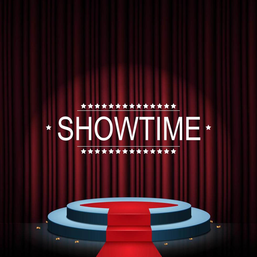 Vector illustration of Showtime banner with podium and curtain illuminated by spotlights