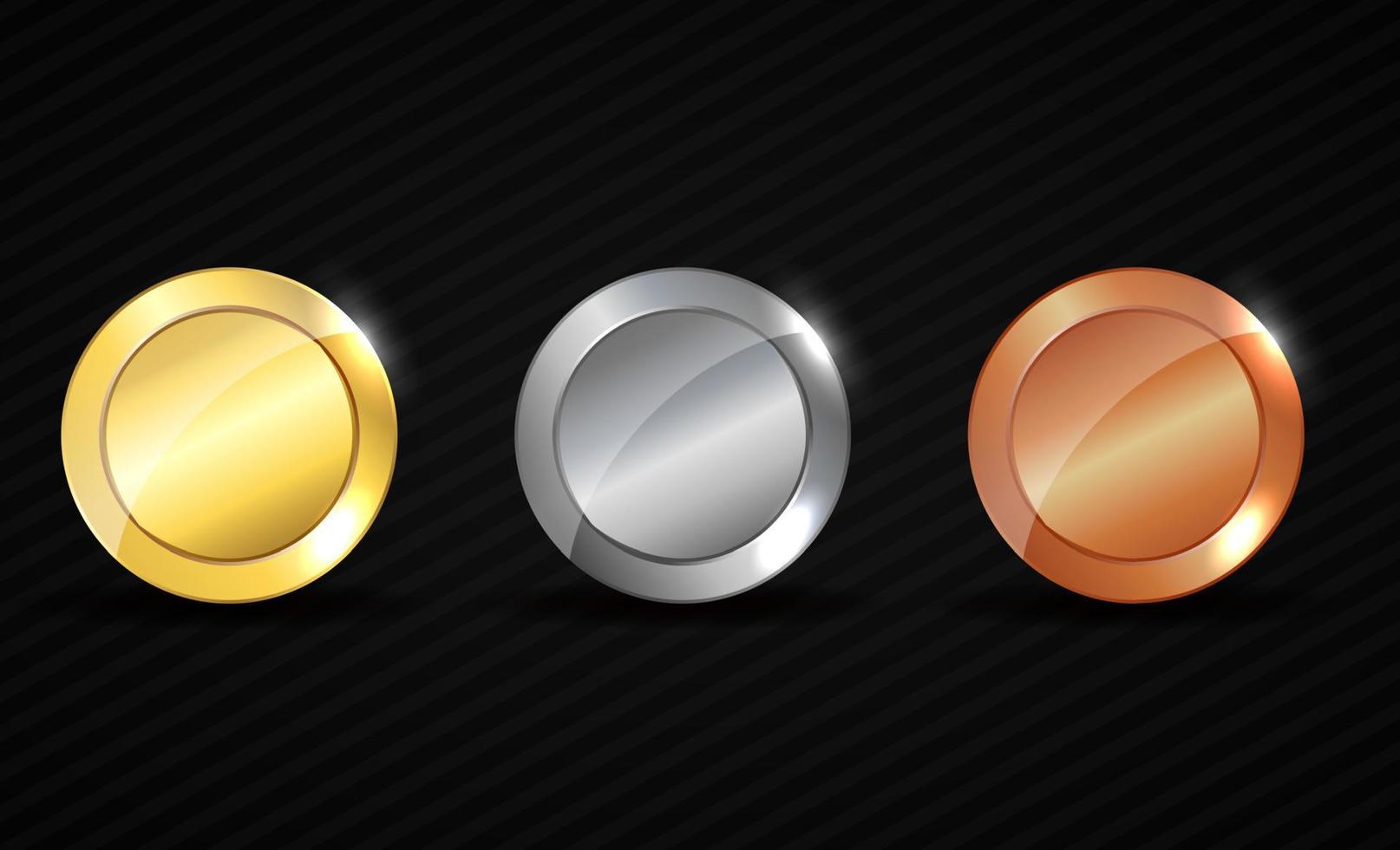 Round empty textured gold, silver, bronze medals vector