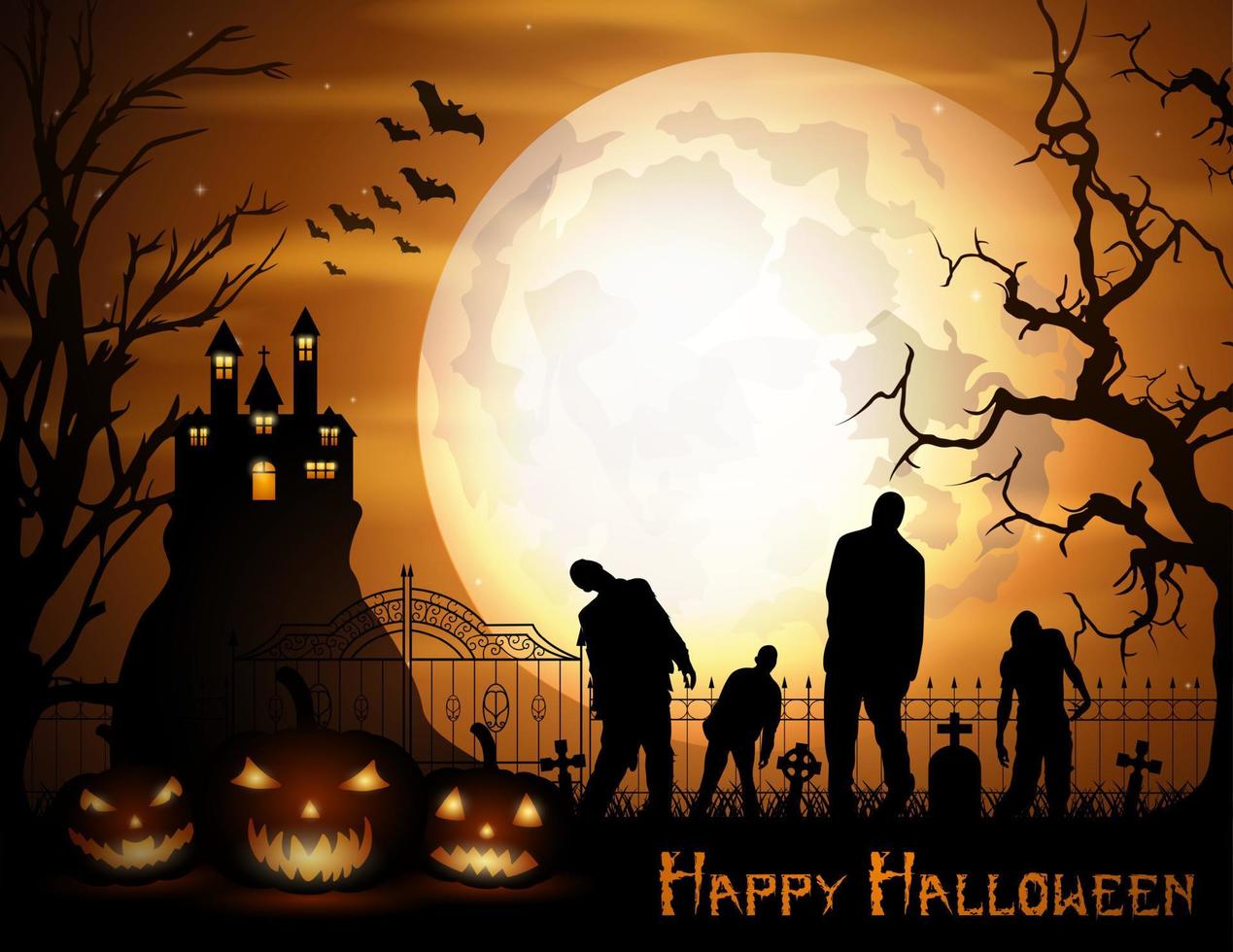 Halloween background with pumpkins, zombie, and scary church on graveyard vector