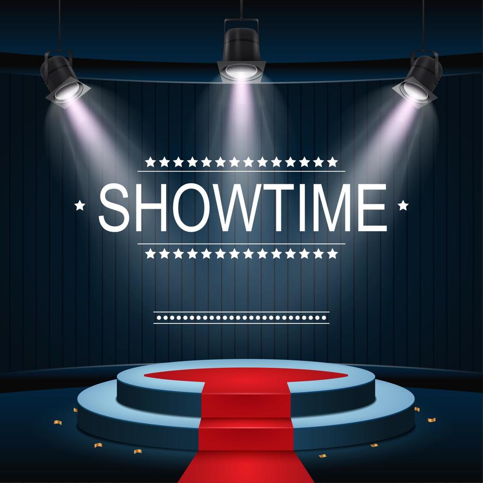 Vector illustration of Showtime banner with podium and red carpet illuminated by spotlights