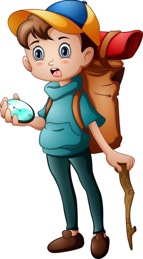 Vector illustration of little boy adventure with holding a compass