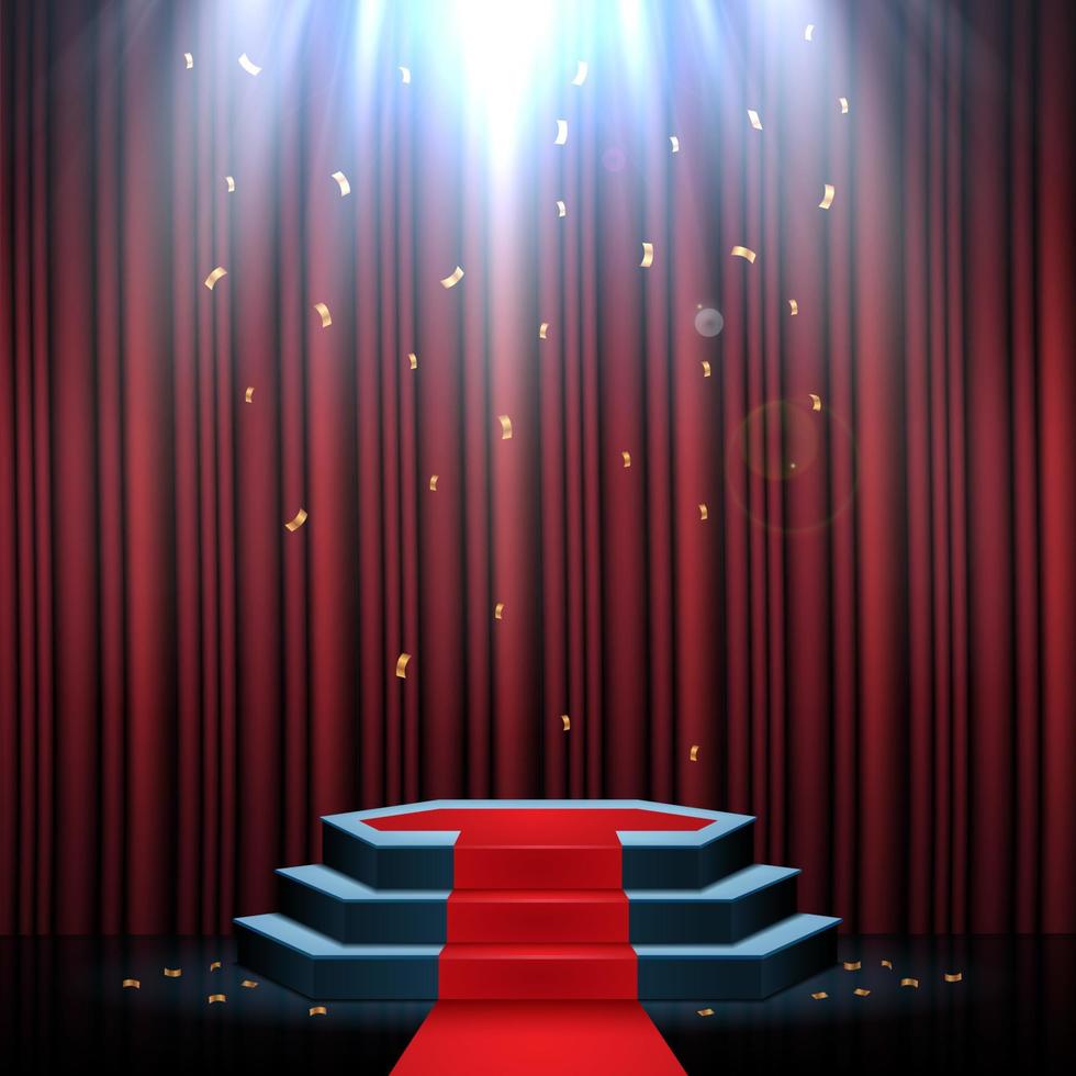 Vector illustration of Podium with red carpet and curtain illuminated by spotlights