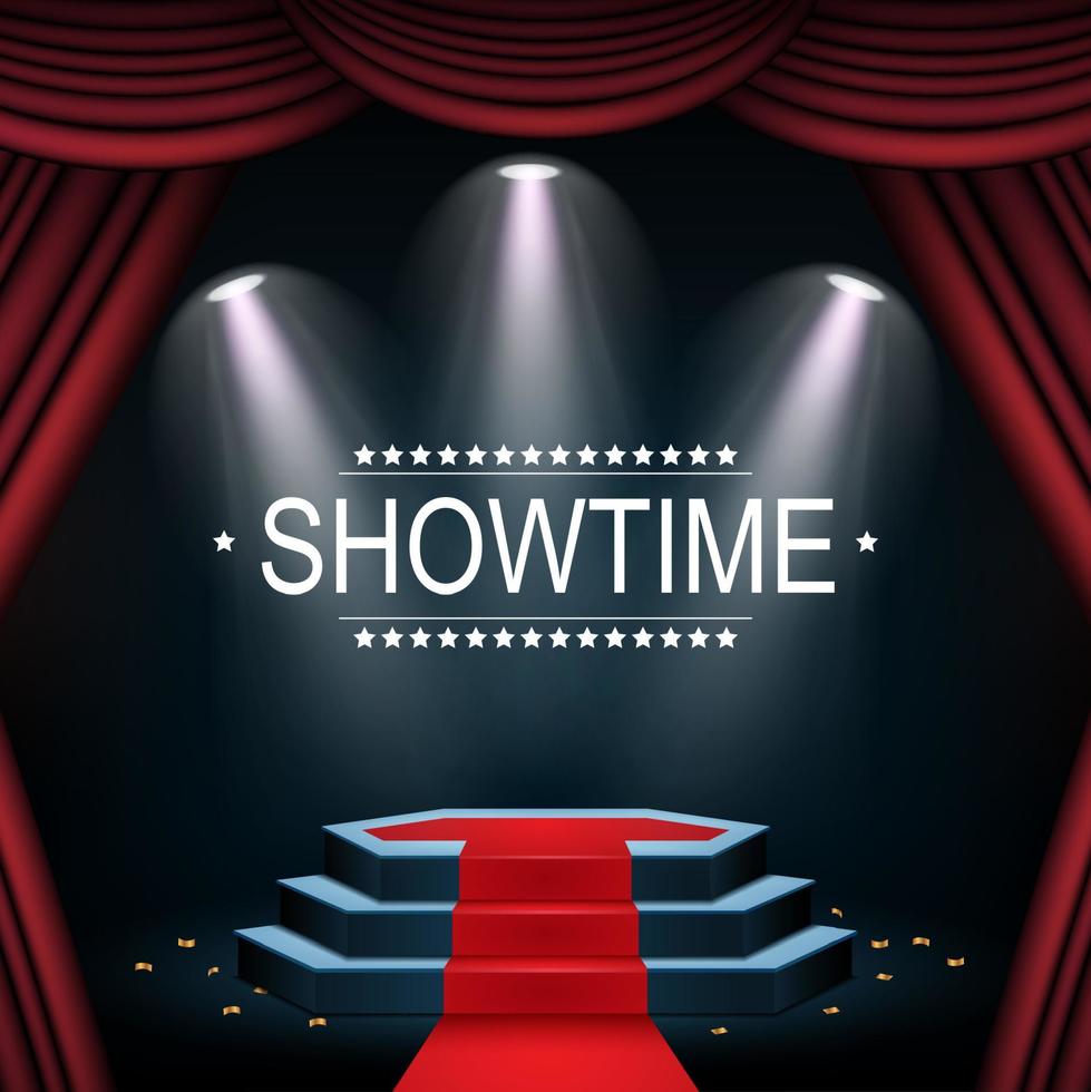 Vector illustration of Showtime banner with podium and curtain illuminated by spotlights