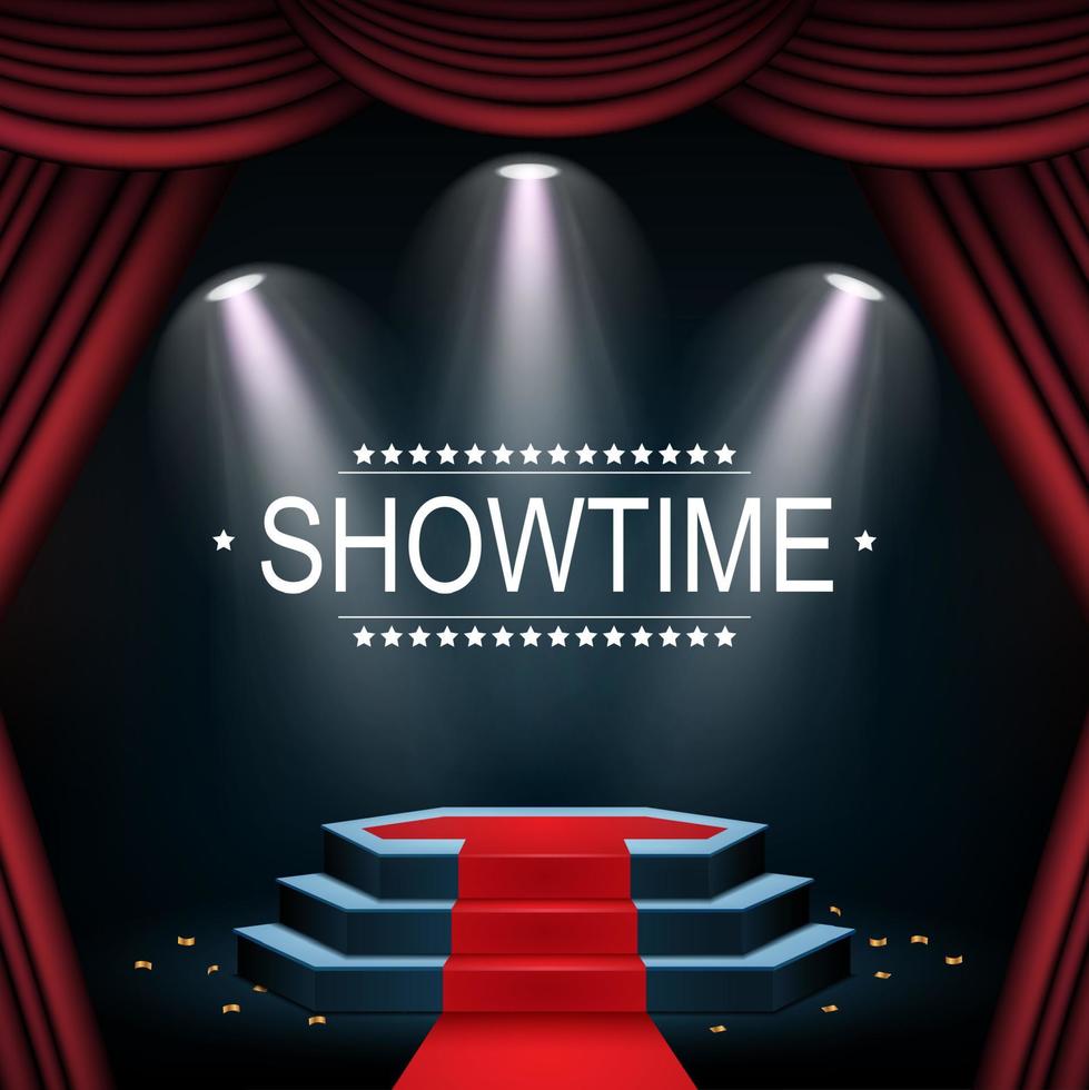 ilustración vectorial de la pancarta showtime con podio y cortina iluminada por focos vector