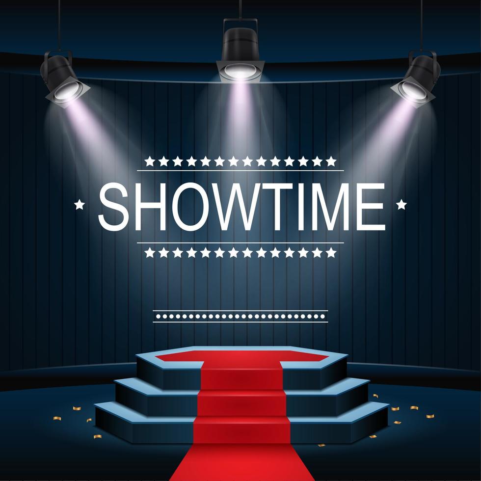 ilustración vectorial de la pancarta de la hora del espectáculo con podio y alfombra roja iluminada por focos vector