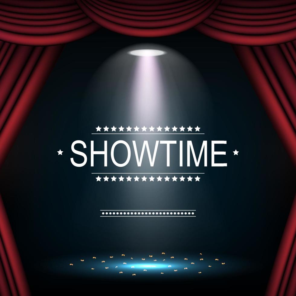 Vector illustration of Showtime banner with podium and curtain illuminated by spotlights