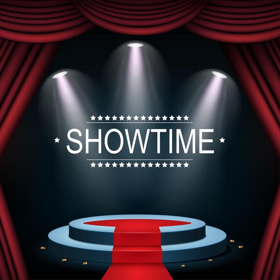 Vector illustration of Showtime banner with podium and curtain illuminated by spotlights