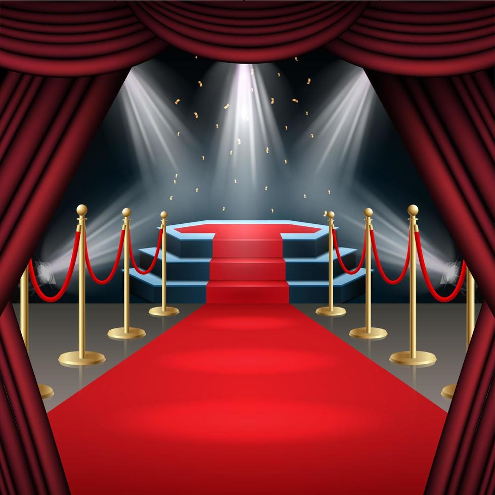 Vector illustration of Podium with red carpet and curtain in glow of spotlights