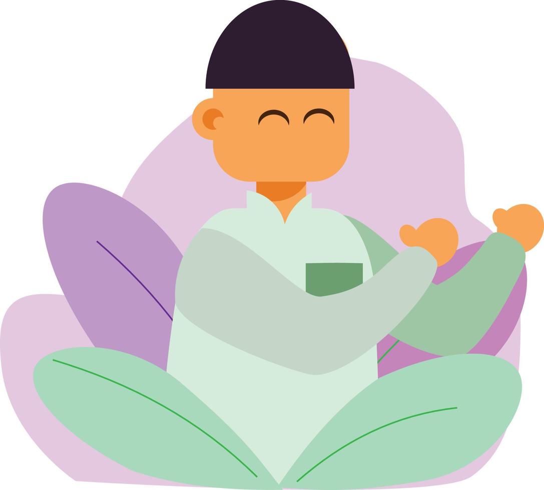 Free Islamic Boy wear Pici Kupiah  Pray Dua to God Allah with Leaf and Amoeba Background Flat Design Vector Illusrtation Material People Muslim Kids Books