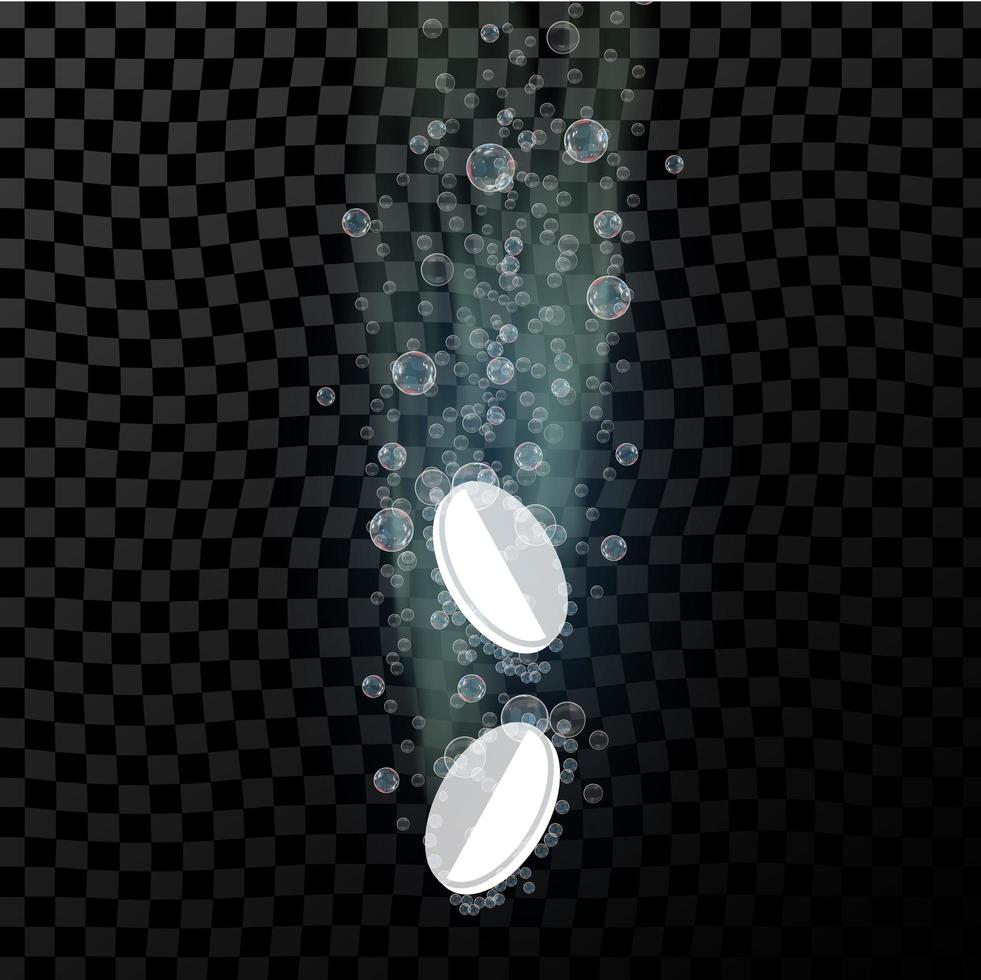 Soluble tablets in liquid with bubbles. Vector template for advertising aspirin, vitamin with other medical soluble drugs, dissolving process.