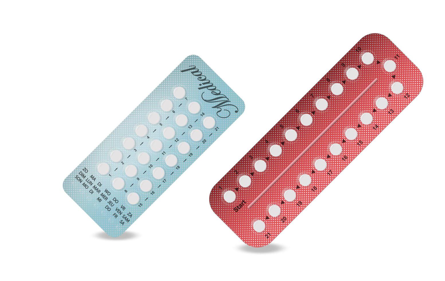 Packaging of birth control pills in red, blue. Contraceptive pill, hormonal pills, birth control pills. Women oral contraception. Planning pregnancy concept.Realistic blister with contraceptive pills. vector