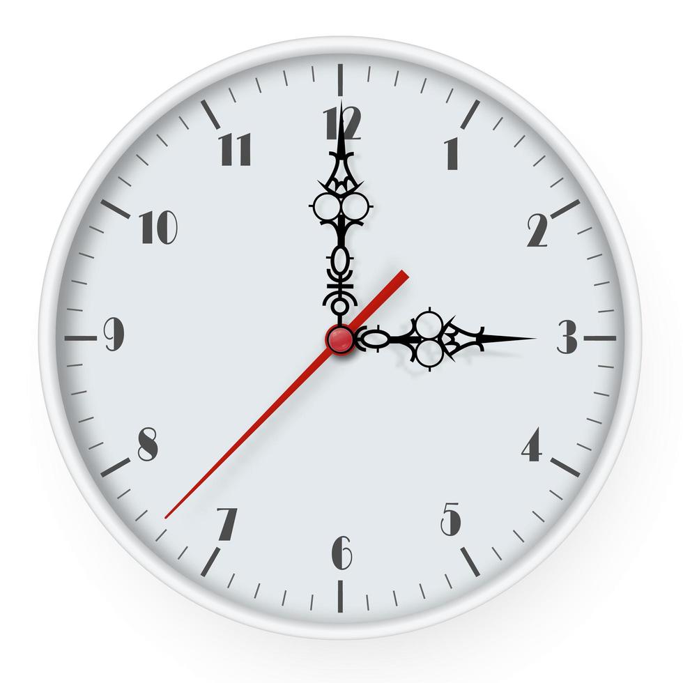 Icon of white clock with shadow. Vector illustration. Mock up for branding and advertising isolated on white background.