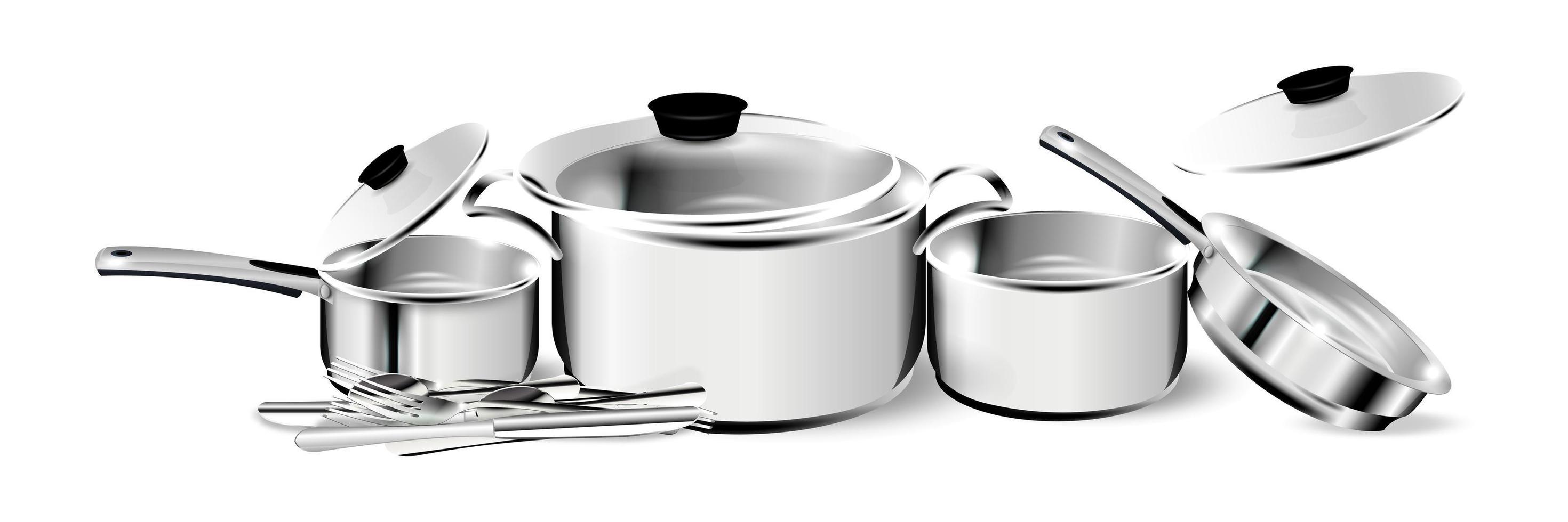 Realistic chrome dishes. Steel cooking pots with cape, metal saucepan and skillet, isolated cookware. Vector image 3D chrome frying pan and kitchen utensil