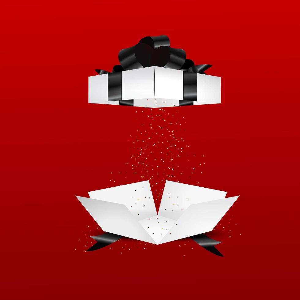 una caja abierta de regalo festiva con una tapa y un lazo negro sobre un fondo rojo. vector