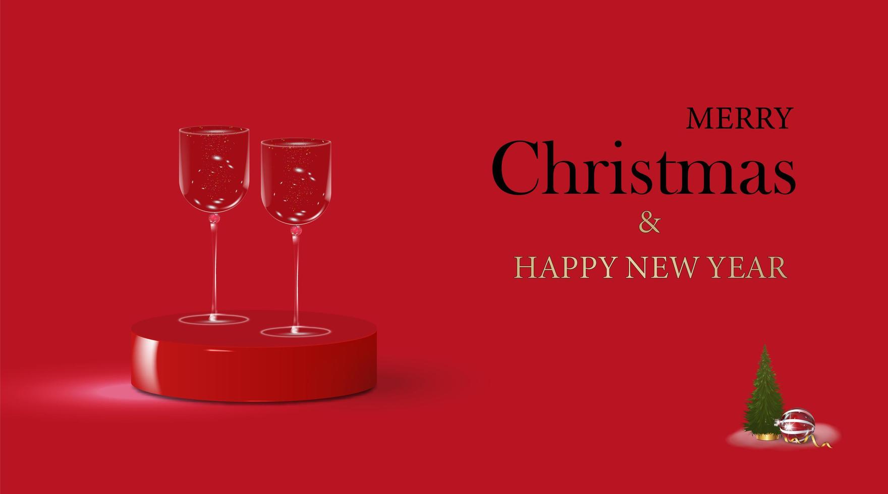 navidad hermosas dos copas con lentejuelas y un árbol de navidad, plantilla en blanco. diseño 3d realista de año nuevo festivo. fondo rojo ilustración vectorial vector