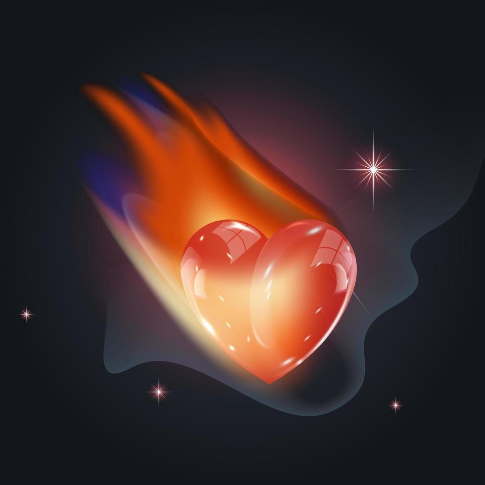 The heart is on fire above the starry sky. Vector illustration of love.