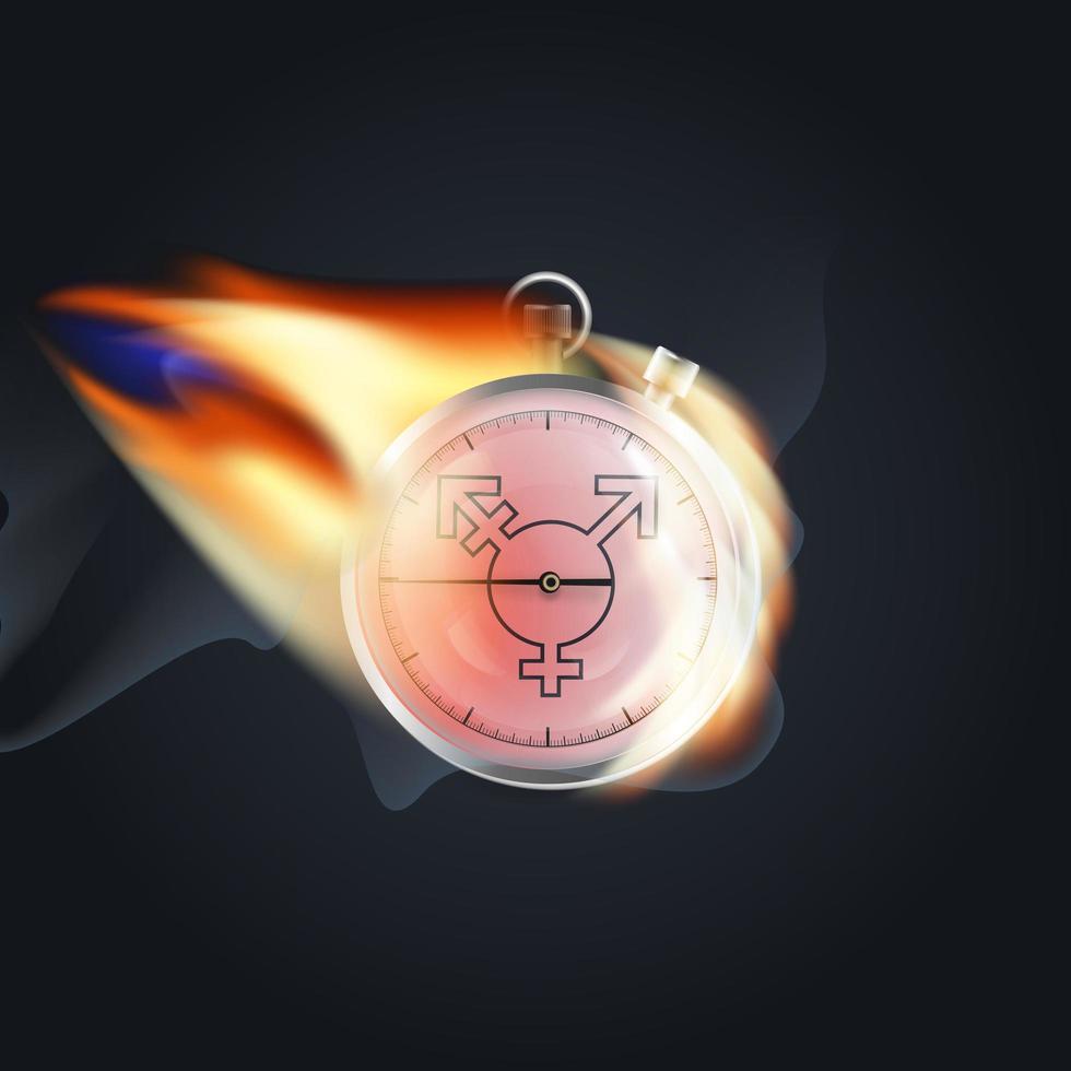 The symbol of gender equality in a burning stopwatch on a dark background. Vector illustration.
