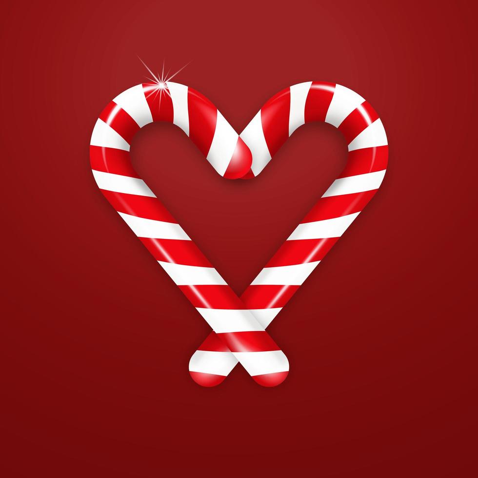 Candy cane in the shape of a heart on a red background with a shadow. Vector illustration for the design of flyers, banners