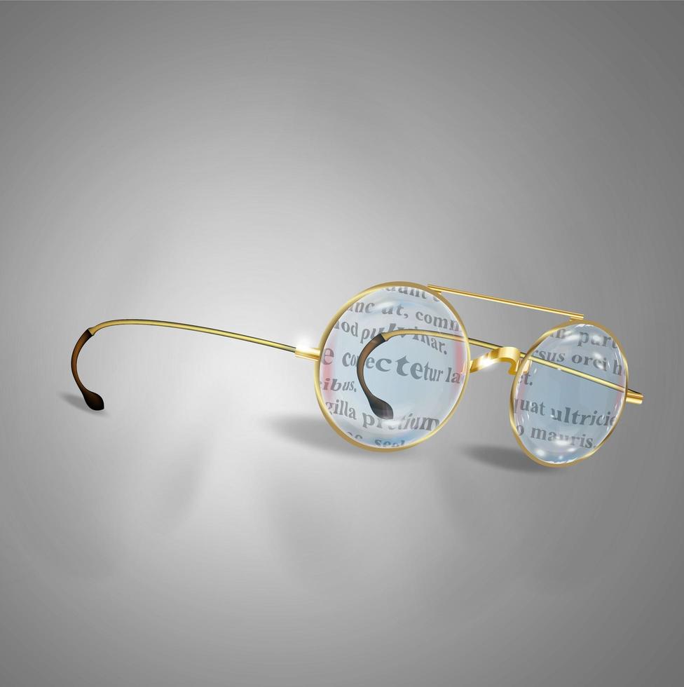 Gold glasses vector illustration with text reflection. Gold-rimmed glasses. Vintage design.