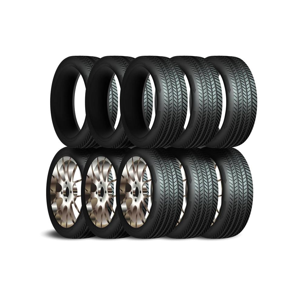 Car wheels set. New tires pile isolated on white. Wheel car, Car tire, Aluminum wheels isolated on white background. Group of tires. High detail vector. vector