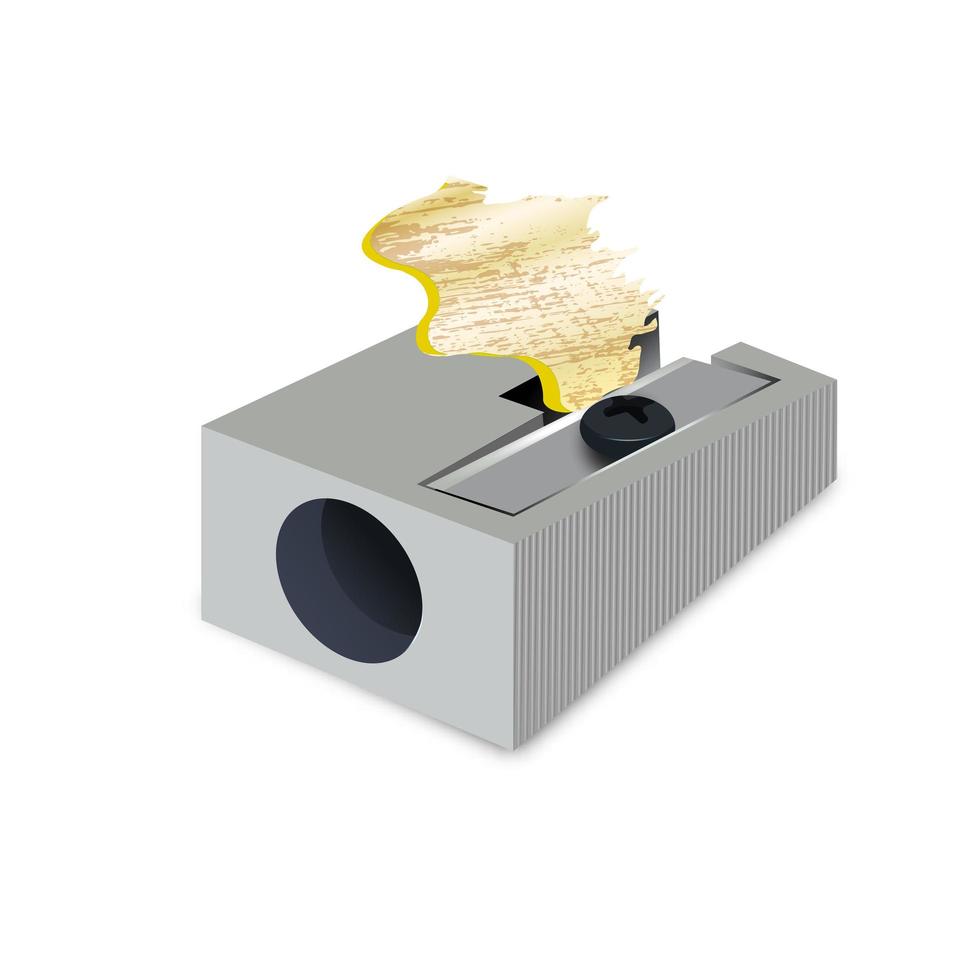 metal pencil sharpener with shavings. Vector illustration of sharpening a pencil. Design of a school poster, signboard, booklet, notebook