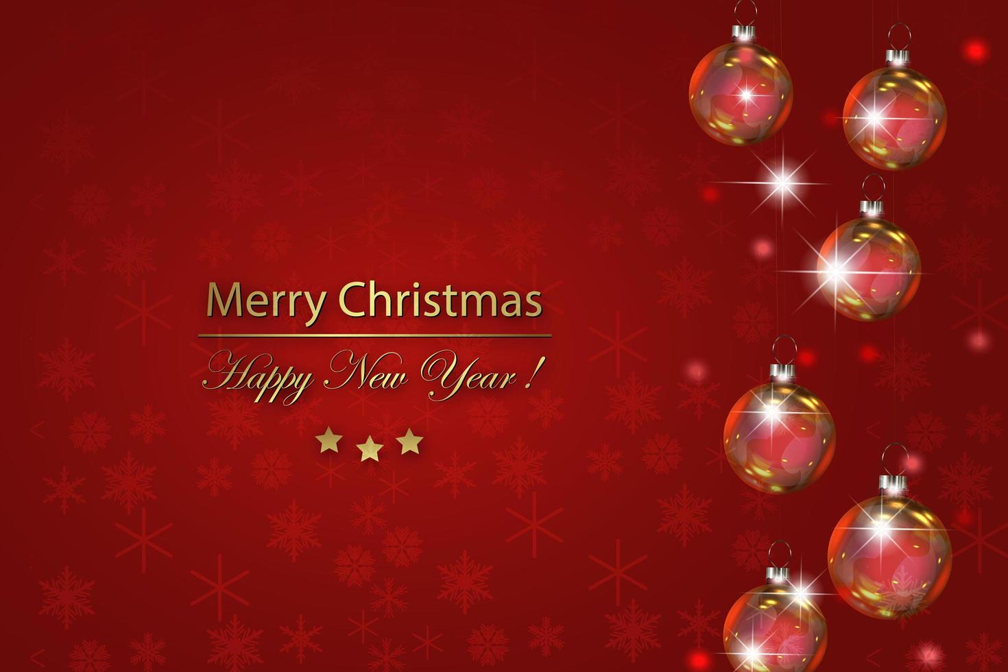 saludos de año nuevo y navidad con copos de nieve rojos brillantes bolas de cristal de árbol de navidad. ilustración de tarjeta de feliz navidad sobre fondo rojo. copos de nieve rojos brillantes con textura brillante vector