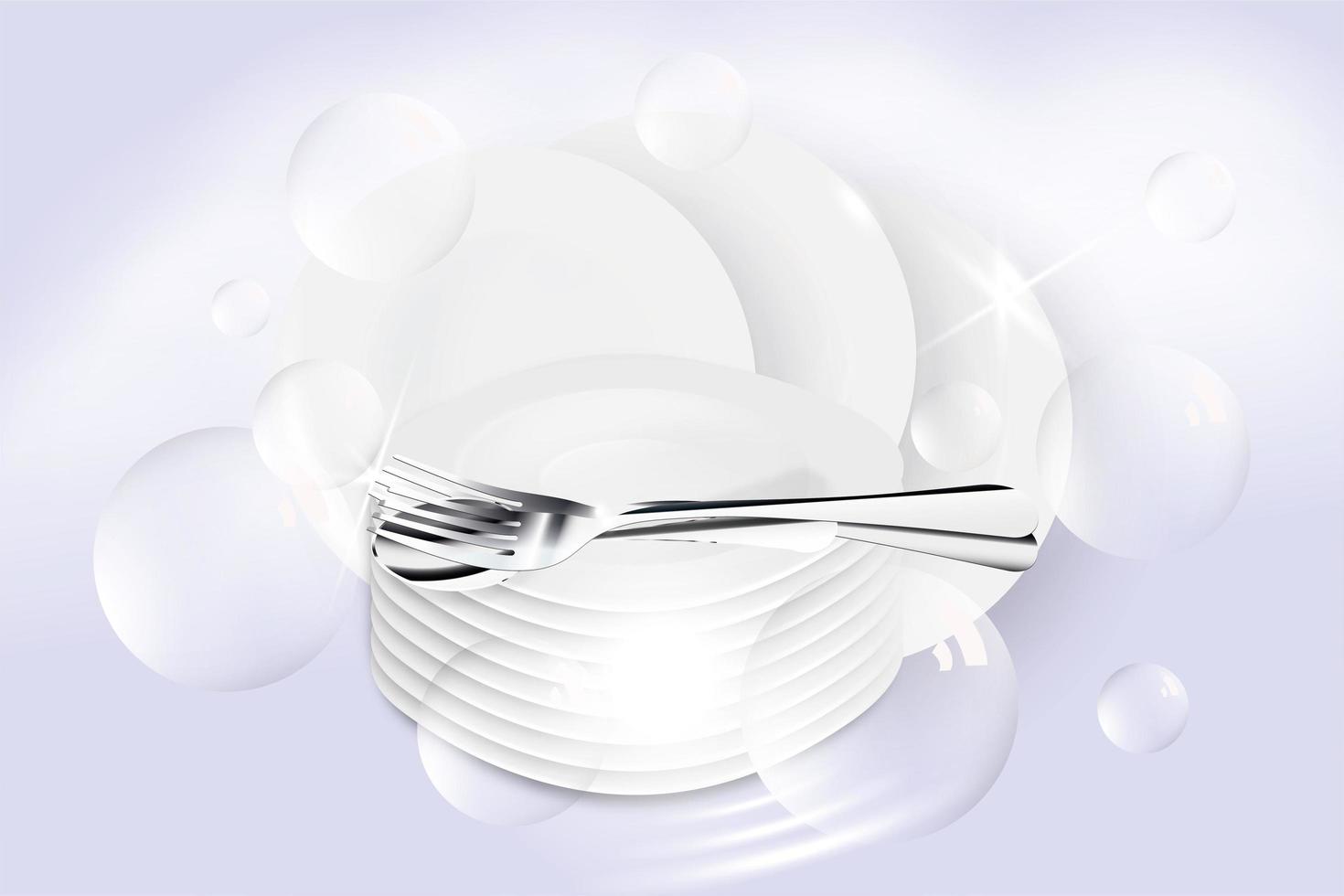 Realistic stack of plates and cutlery. Clean dishes, dishwasher safe. Clean, washed plates, forks, spoon, dishes vector illustration. Porcelain dishes, detailed closeup in bubbles of detergent